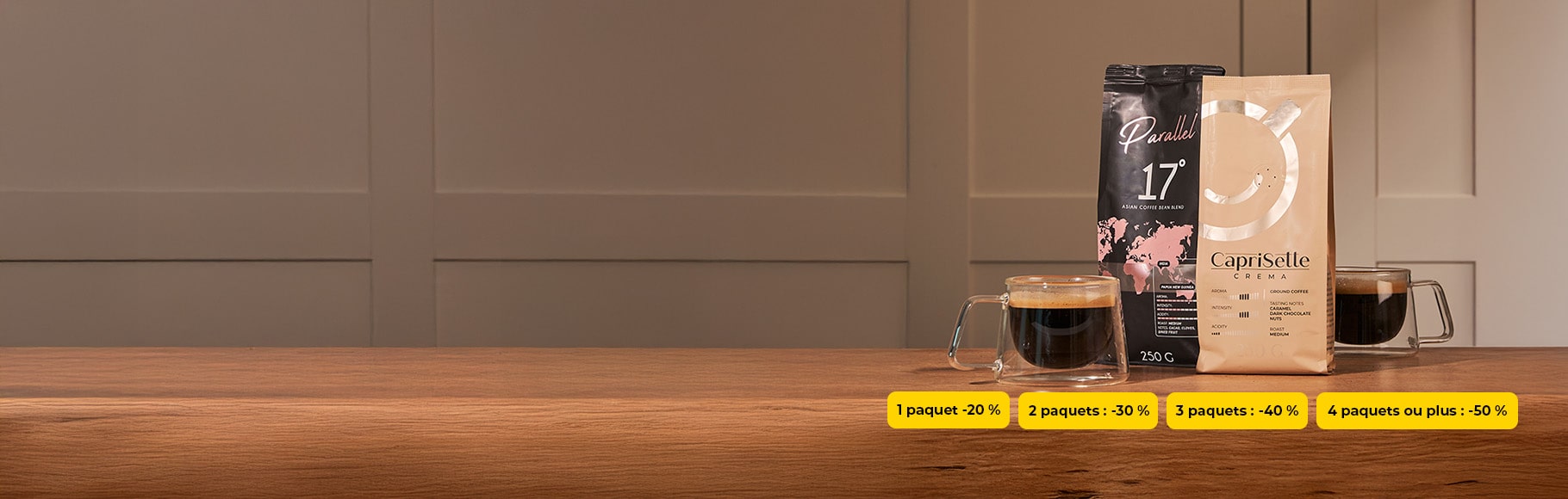 Jusqu'à -50 % sur les cafés CAPRISETTE & PARALLEL 1 kg | 250 g